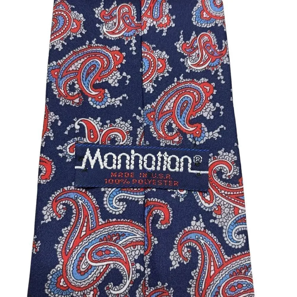 Manhattan Men's Tie Necktie Paisley Polyester Blue Red White Classic Office